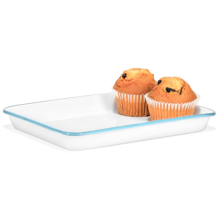 Red Co. 11" x 9" Enamelware Metal Classic 2 Quart Rectangular Serving Tray, Solid White/Color Rim