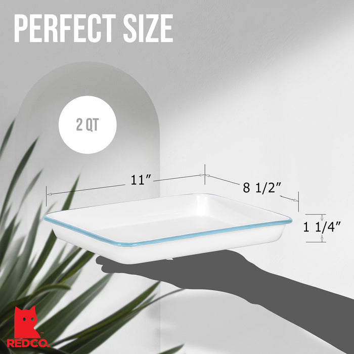 Red Co. 11" x 9" Enamelware Metal Classic 2 Quart Rectangular Serving Tray, Solid White/Color Rim