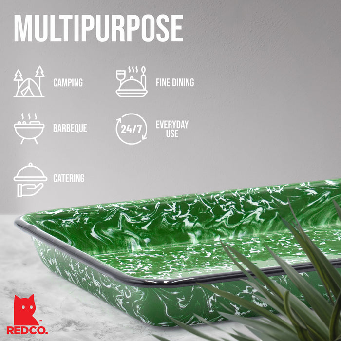 Red Co. 11" x 9" Enamelware Metal Classic 2 Quart Rectangular Serving Tray, Dark Green Marble/Black Rim - Splatter Design