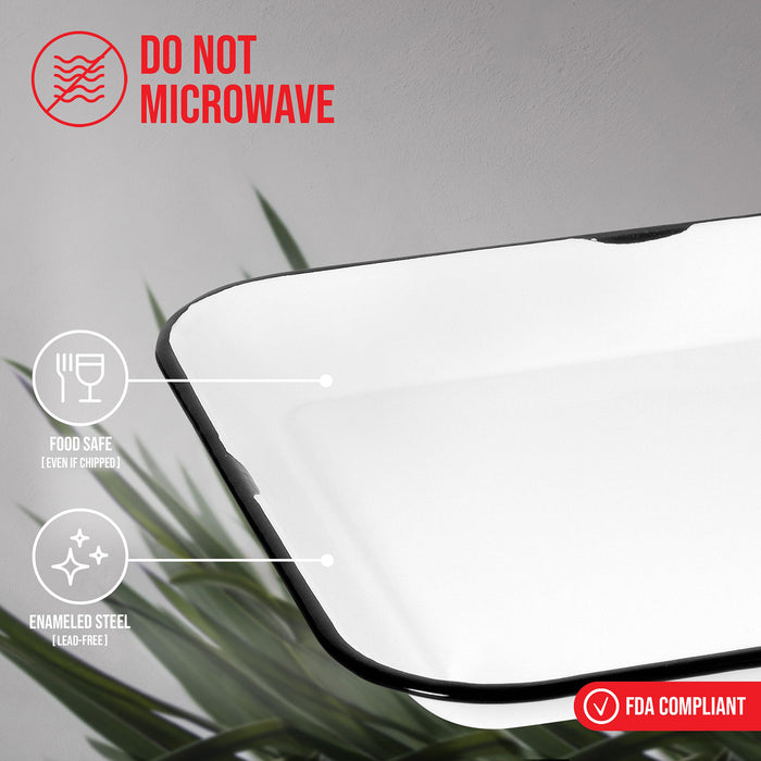 Red Co. 13.5” x 10” Enamelware Metal Classic 1.6-Quart Rectangular Serving Tray, Distressed White/Black Rim