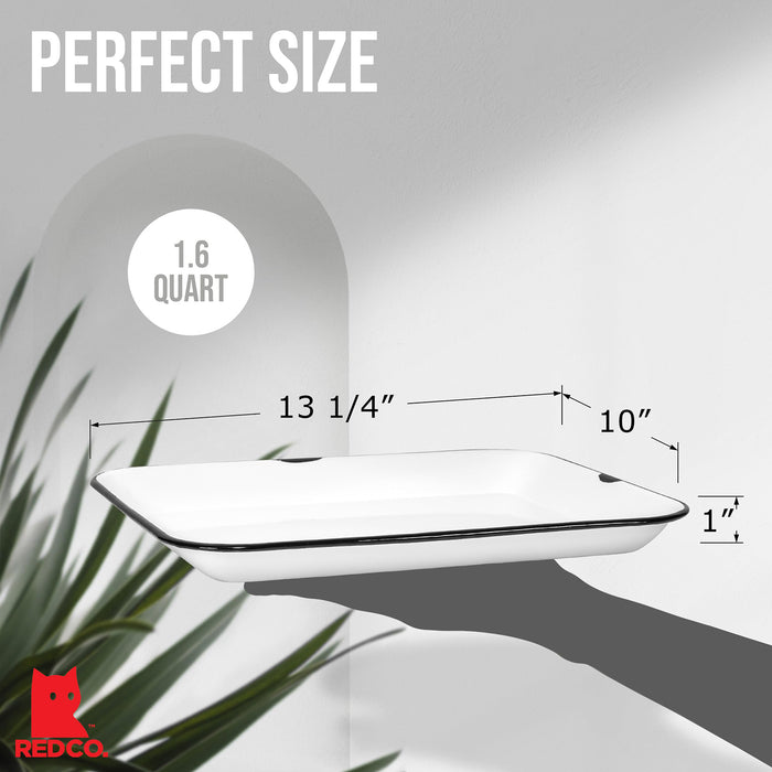 Red Co. 13.5” x 10” Enamelware Metal Classic 1.6-Quart Rectangular Serving Tray, Distressed White/Black Rim