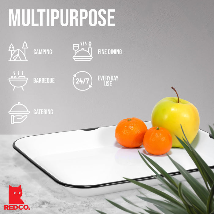 Red Co. 13.5” x 10” Enamelware Metal Classic 1.6-Quart Rectangular Serving Tray, Distressed White/Black Rim