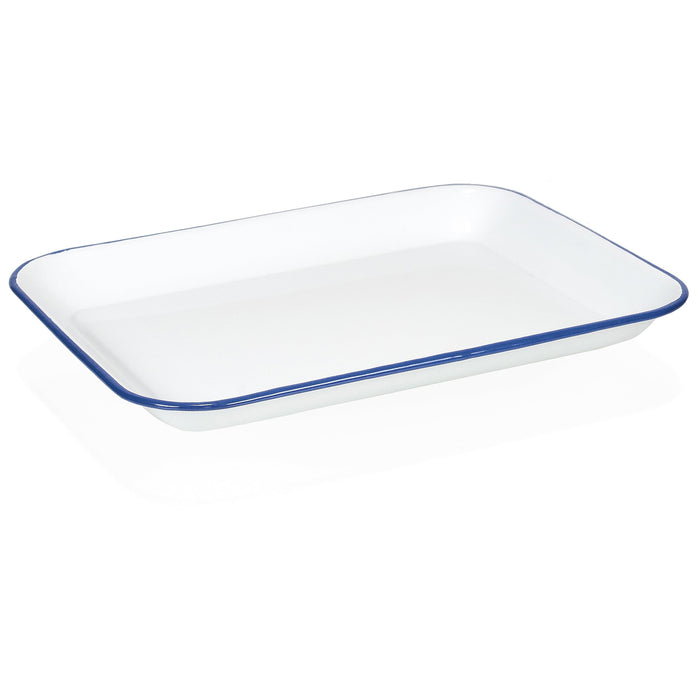 Red Co. 13.5” x 10” Enamelware Metal Classic 1.6-Quart Rectangular Serving Tray, Solid White/Color Rim