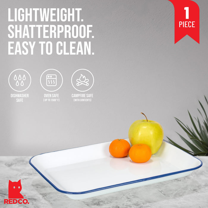 Red Co. 13.5” x 10” Enamelware Metal Classic 1.6-Quart Rectangular Serving Tray, Solid White/Color Rim
