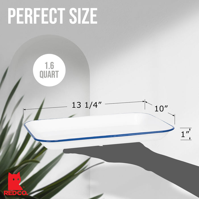 Red Co. 13.5” x 10” Enamelware Metal Classic 1.6-Quart Rectangular Serving Tray, Solid White/Color Rim