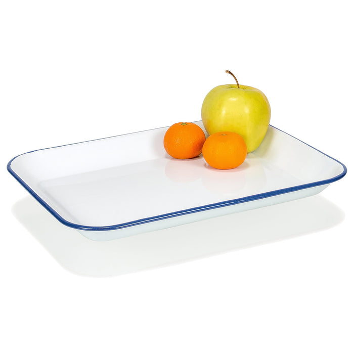 Red Co. 13.5” x 10” Enamelware Metal Classic 1.6-Quart Rectangular Serving Tray, Solid White/Color Rim