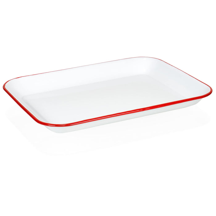 Red Co. 13.5” x 10” Enamelware Metal Classic 1.6-Quart Rectangular Serving Tray, Solid White/Color Rim