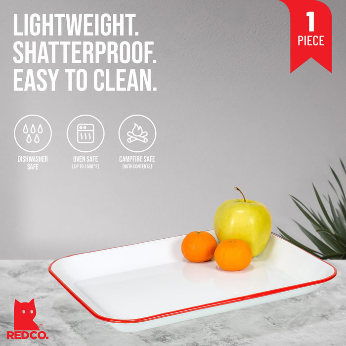 Red Co. 13.5” x 10” Enamelware Metal Classic 1.6-Quart Rectangular Serving Tray, Solid White/Color Rim
