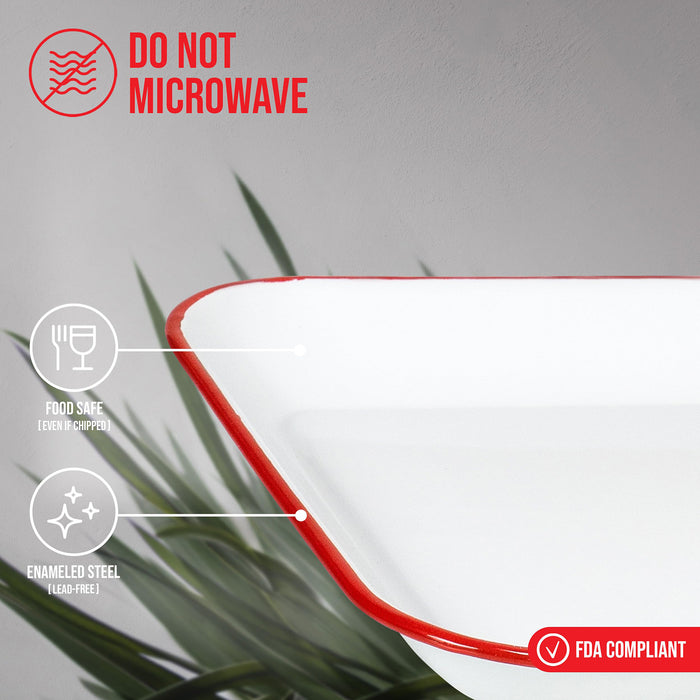 Red Co. 13.5” x 10” Enamelware Metal Classic 1.6-Quart Rectangular Serving Tray, Solid White/Color Rim