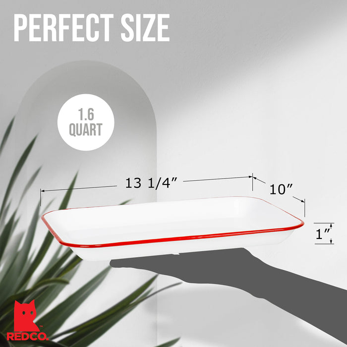 Red Co. 13.5” x 10” Enamelware Metal Classic 1.6-Quart Rectangular Serving Tray, Solid White/Color Rim