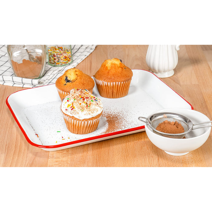 Red Co. 13.5” x 10” Enamelware Metal Classic 1.6-Quart Rectangular Serving Tray, Solid White/Color Rim