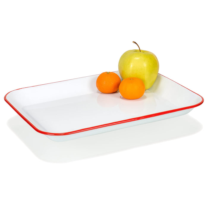Red Co. 13.5” x 10” Enamelware Metal Classic 1.6-Quart Rectangular Serving Tray, Solid White/Color Rim