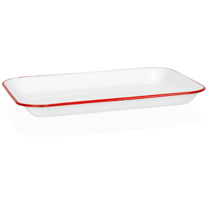 Red Co. 13.5” x 10” Enamelware Metal Classic 1.6-Quart Rectangular Serving Tray, Solid White/Color Rim