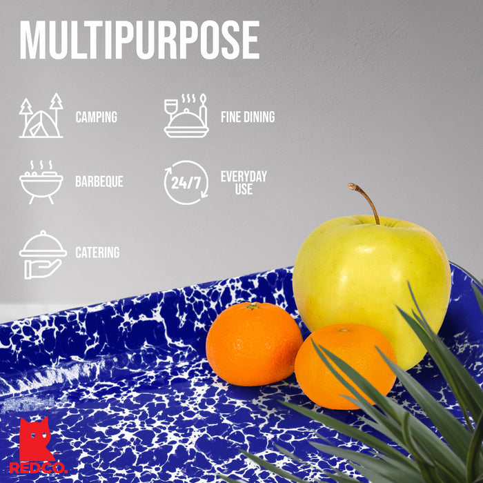 Red Co. 13.5” x 10” Enamelware Metal Classic 1.6-Quart Rectangular Serving Tray, Marble/Black Rim – Splatter Design