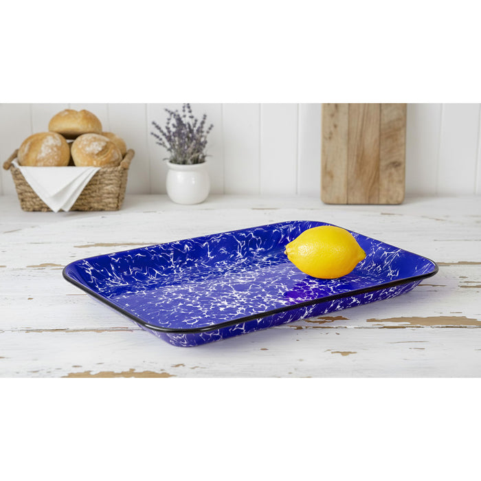 Red Co. 13.5” x 10” Enamelware Metal Classic 1.6-Quart Rectangular Serving Tray, Marble/Black Rim – Splatter Design