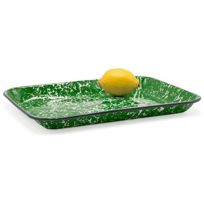 Red Co. 13.5” x 10” Enamelware Metal Classic 1.6-Quart Rectangular Serving Tray, Marble/Black Rim – Splatter Design