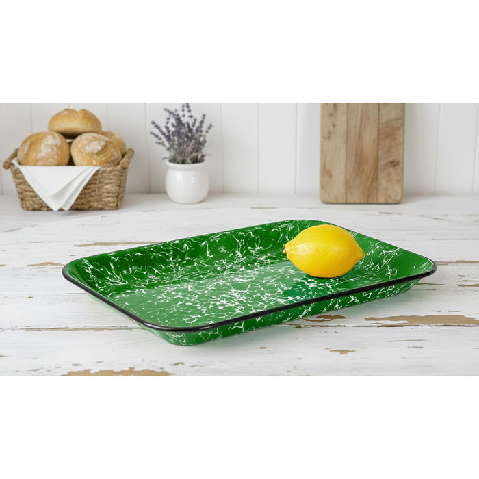 Red Co. 13.5” x 10” Enamelware Metal Classic 1.6-Quart Rectangular Serving Tray, Marble/Black Rim – Splatter Design