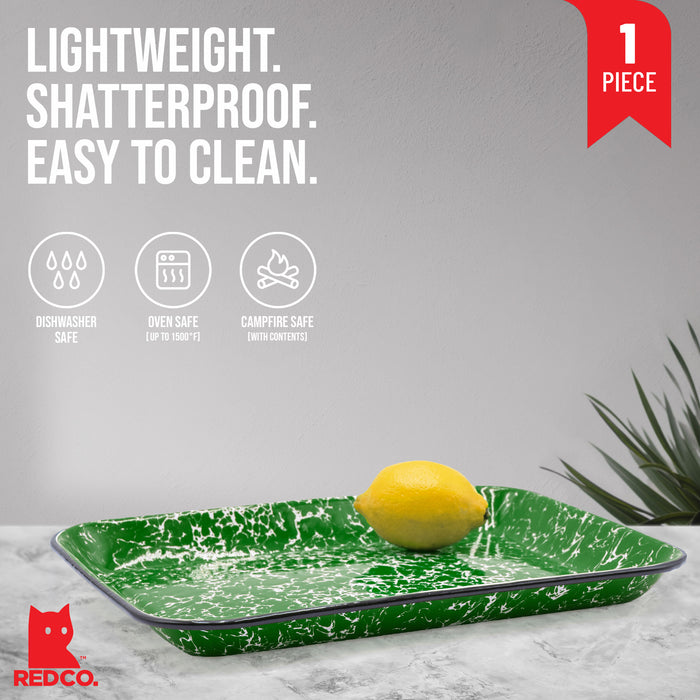 Red Co. 13.5” x 10” Enamelware Metal Classic 1.6-Quart Rectangular Serving Tray, Marble/Black Rim – Splatter Design