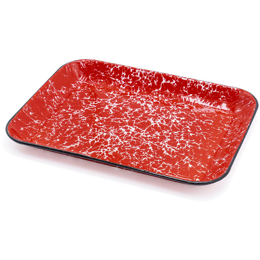 Red Co. 13.5” x 10” Enamelware Metal Classic 1.6-Quart Rectangular Serving Tray, Marble/Black Rim – Splatter Design