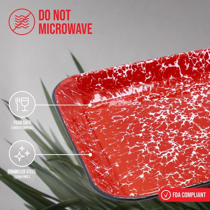 Red Co. 13.5” x 10” Enamelware Metal Classic 1.6-Quart Rectangular Serving Tray, Marble/Black Rim – Splatter Design