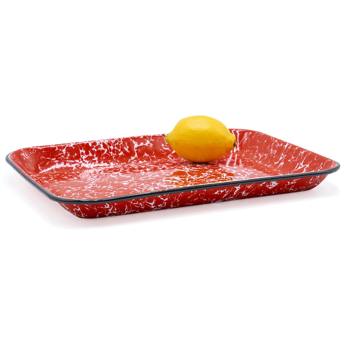 Red Co. 13.5” x 10” Enamelware Metal Classic 1.6-Quart Rectangular Serving Tray, Marble/Black Rim – Splatter Design