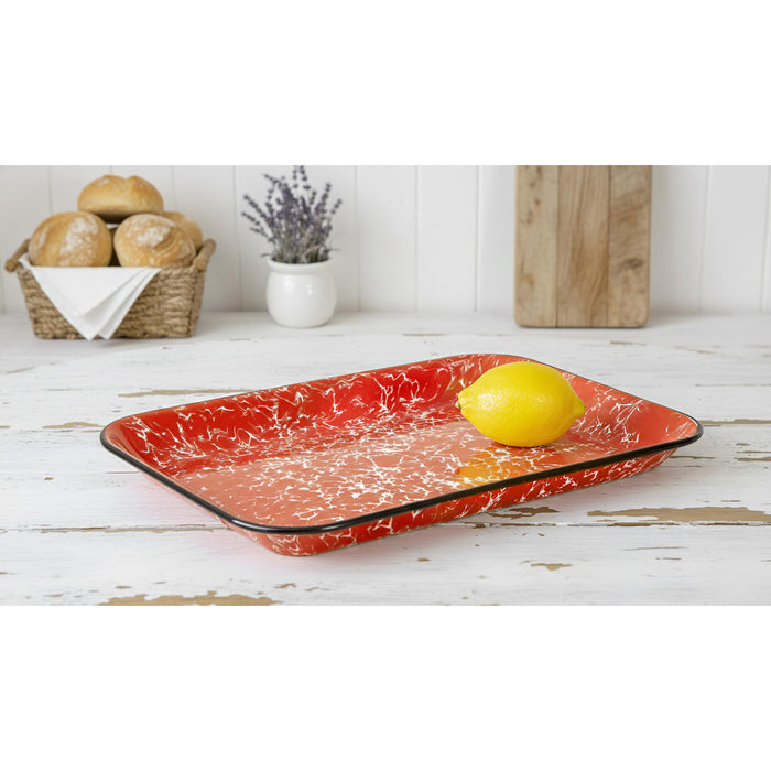 Red Co. 13.5” x 10” Enamelware Metal Classic 1.6-Quart Rectangular Serving Tray, Marble/Black Rim – Splatter Design