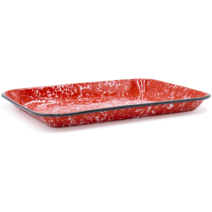 Red Co. 13.5” x 10” Enamelware Metal Classic 1.6-Quart Rectangular Serving Tray, Marble/Black Rim – Splatter Design