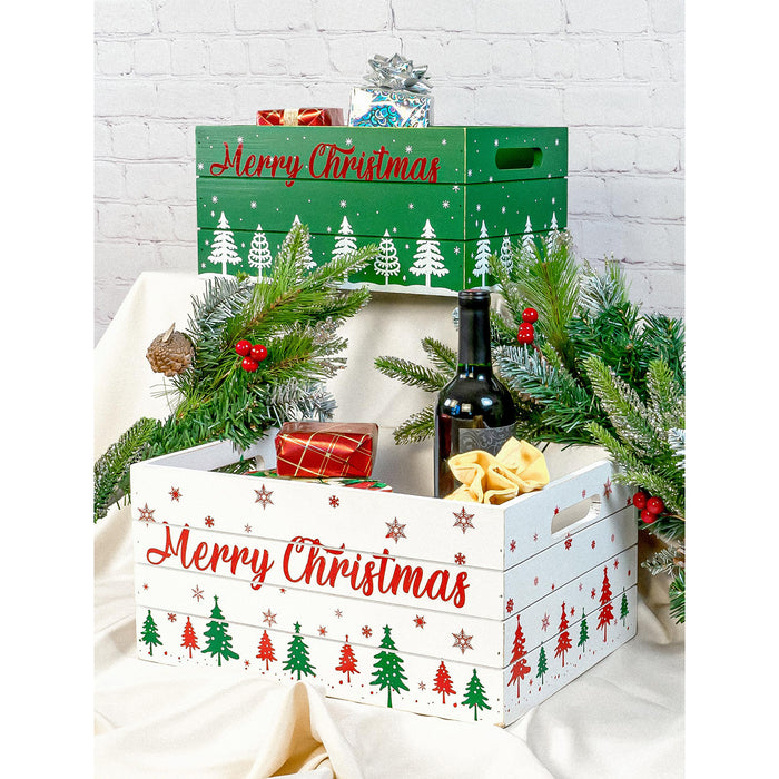 Red Co. Set of 2 Decorative Nesting Wooden Merry Christmas Storage Crate Organizers with Lettering