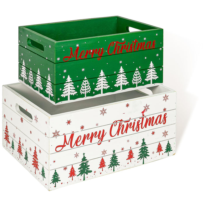 Red Co. Set of 2 Decorative Nesting Wooden Merry Christmas Storage Crate Organizers with Lettering