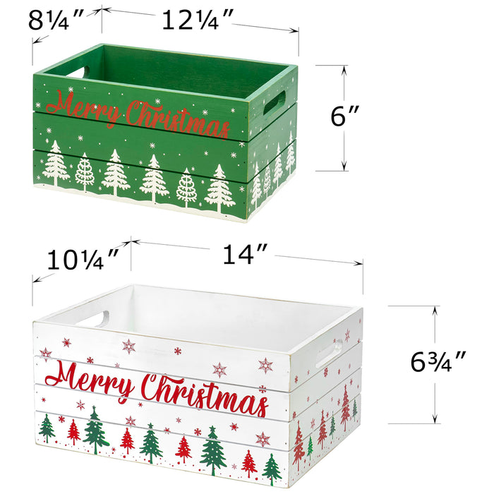 Red Co. Set of 2 Decorative Nesting Wooden Merry Christmas Storage Crate Organizers with Lettering