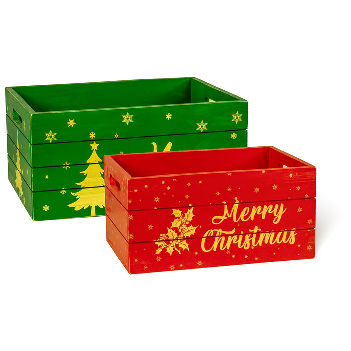 Red Co. Set of 2 Decorative Nesting Wooden Merry Christmas Storage Crate Organizers with Lettering