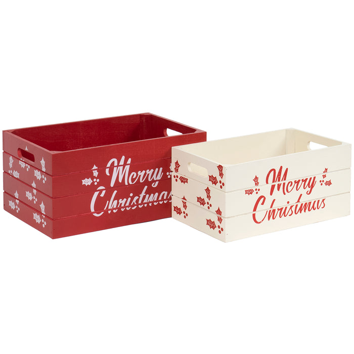 Red Co. Set of 2 Decorative Nesting Wooden Merry Christmas Storage Crate Organizers with Lettering