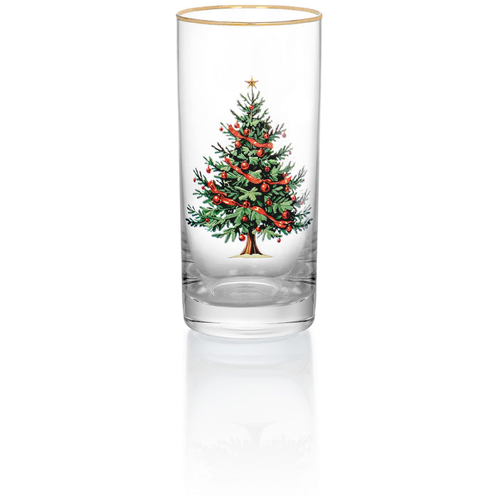 Red Co. Set of 4 Clear Glass Christmas Tree Drinking Tumblers with Gold Rim