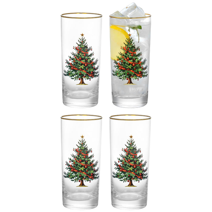 Red Co. Set of 4 Clear Glass Christmas Tree Drinking Tumblers with Gold Rim
