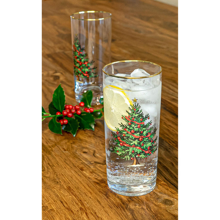 Red Co. Set of 4 Clear Glass Christmas Tree Drinking Tumblers with Gold Rim