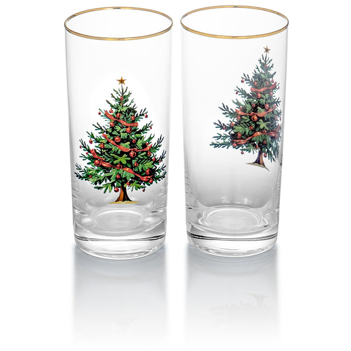 Red Co. Set of 4 Clear Glass Christmas Tree Drinking Tumblers with Gold Rim