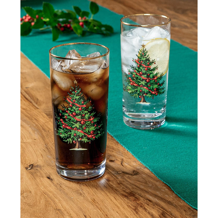 Red Co. Set of 4 Clear Glass Christmas Tree Drinking Tumblers with Gold Rim