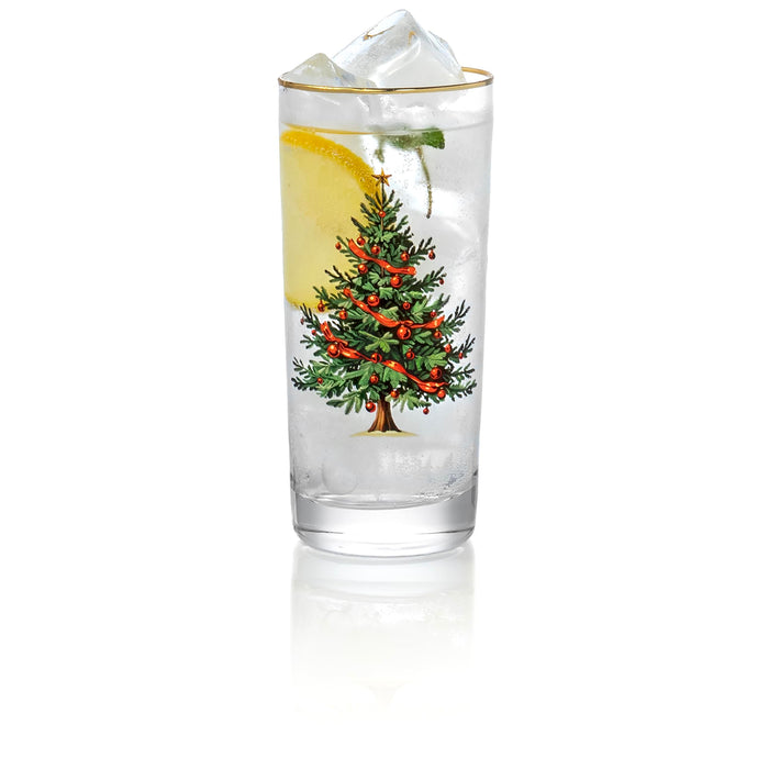 Red Co. Set of 4 Clear Glass Christmas Tree Drinking Tumblers with Gold Rim