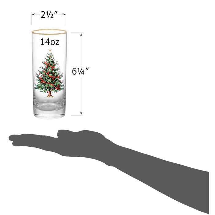 Red Co. Set of 4 Clear Glass Christmas Tree Drinking Tumblers with Gold Rim