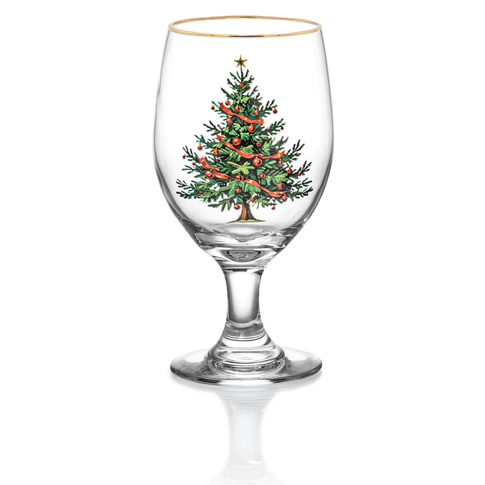 Red Co. Set of 4 Clear Glass Christmas Tree Drinking Tumblers with Gold Rim