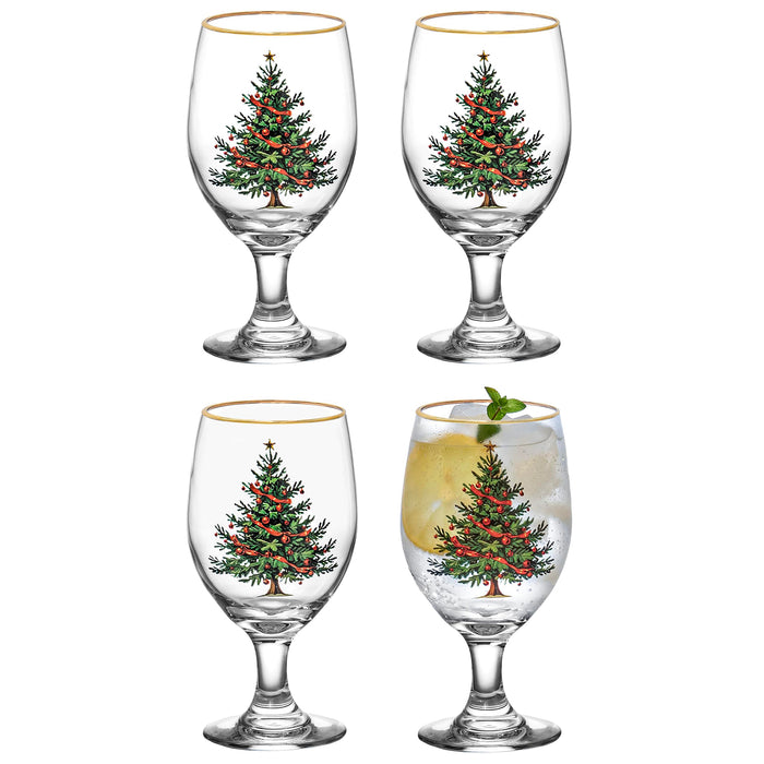 Red Co. Set of 4 Clear Glass Christmas Tree Drinking Tumblers with Gold Rim
