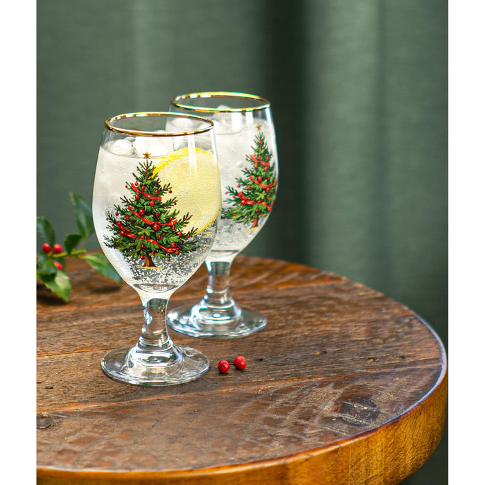 Red Co. Set of 4 Clear Glass Christmas Tree Drinking Tumblers with Gold Rim