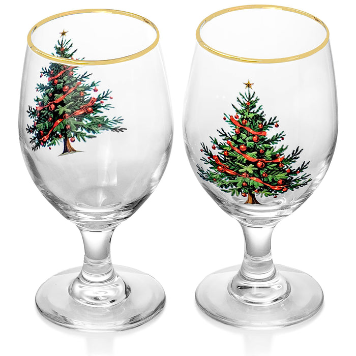 Red Co. Set of 4 Clear Glass Christmas Tree Drinking Tumblers with Gold Rim