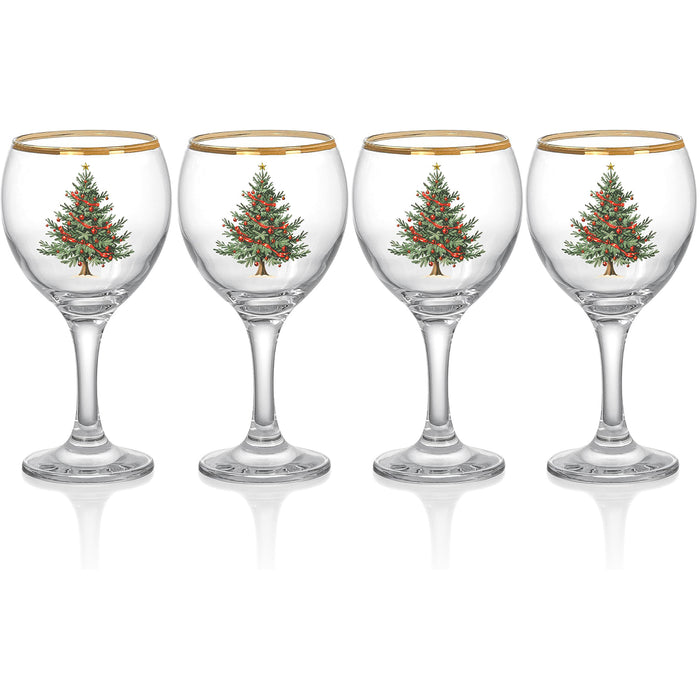 Red Co. Set of 4 Clear Glass Christmas Tree Drinking Tumblers with Gold Rim