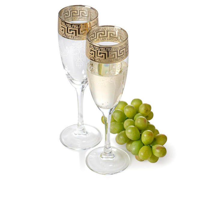 Red Co. Set of 4 Decorated Clear Glass 5.75 Fl Oz Stemmed Champagne Flute Glasses with Golden Greek Key Trim