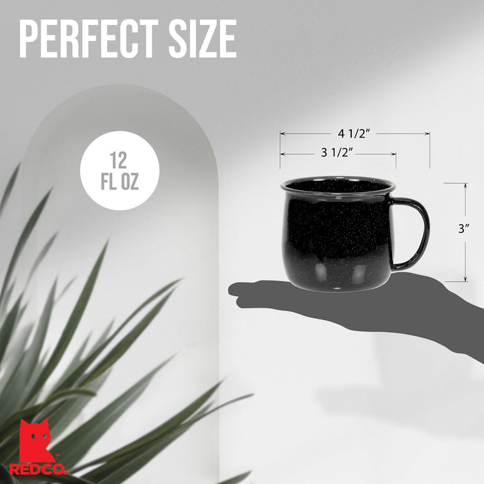 Red Co. Set of 4 Enamelware Metal 12 Oz Round Camping Coffee Mugs with Handle, White-Speckled Black/Black Rim