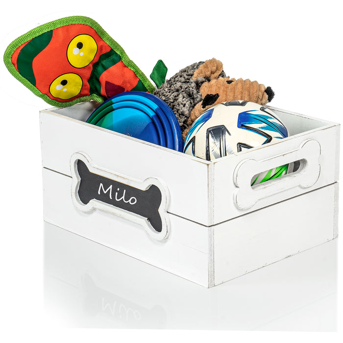 Red Co. 12” x 9” Distressed Wood Crate Dog Toy Storage Box with Handles and Chalkboard, White