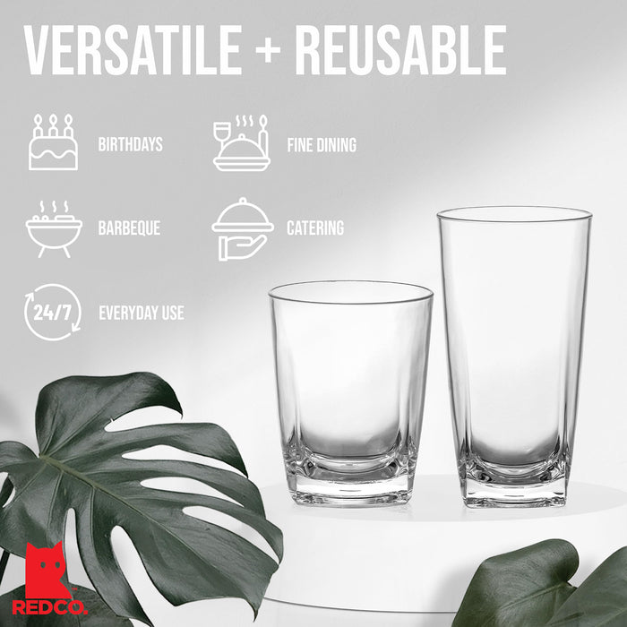 Red Co. Set of 12 Heavy Duty Clear Classic Acrylic Outdoor Mixed Drinkware Tumblers, 17 Fl Oz Lowball and 22 Fl Oz Highball Glasses