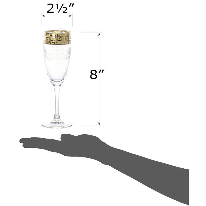 Red Co. Set of 4 Decorated Clear Glass 5.75 Fl Oz Stemmed Champagne Flute Glasses with Golden Greek Key Trim