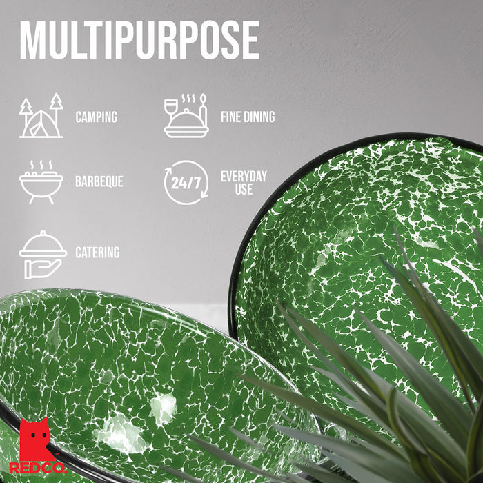 Red Co. Set of 4 Enamelware Metal Classic 20 oz Round Cereal Bowl, Dark Green Marble/Black Rim - Splatter Design